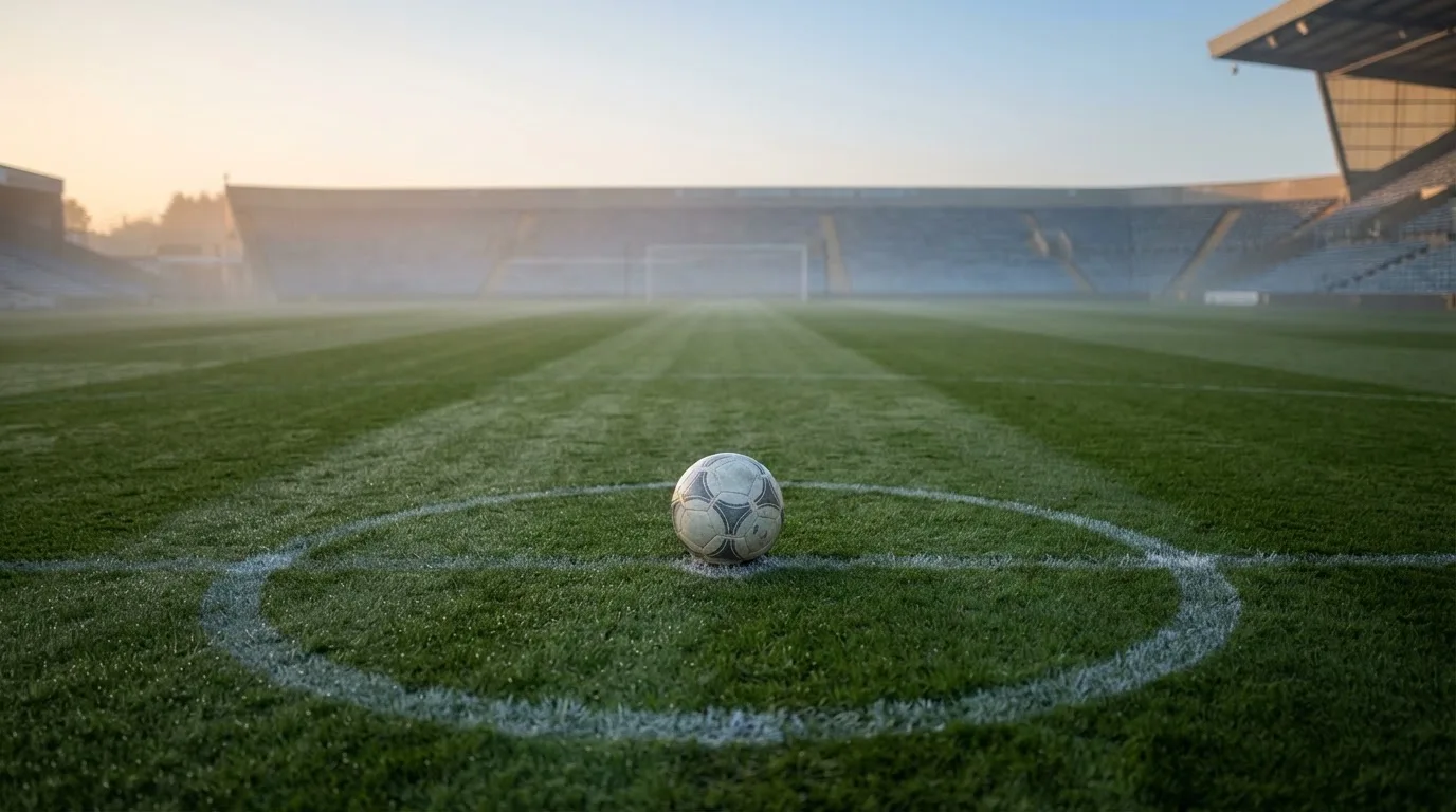 Ein Fußball liegt auf dem Anstoßkreis eines leeren Rasenplatzes im frühen Morgenlicht.