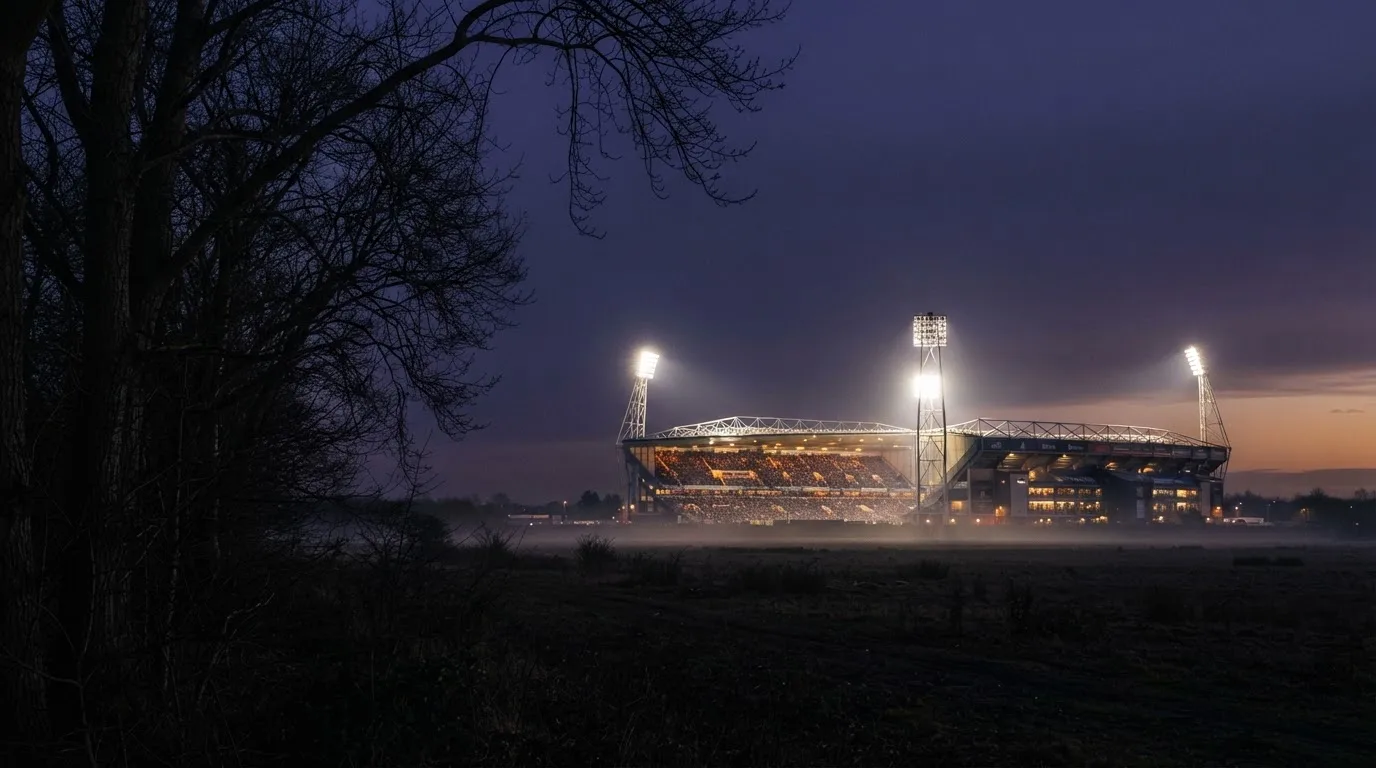 Ein Stadion unter Flutlicht aus großer Entfernung, davor die Silhouetten von Bäumen im Abendhimmel.