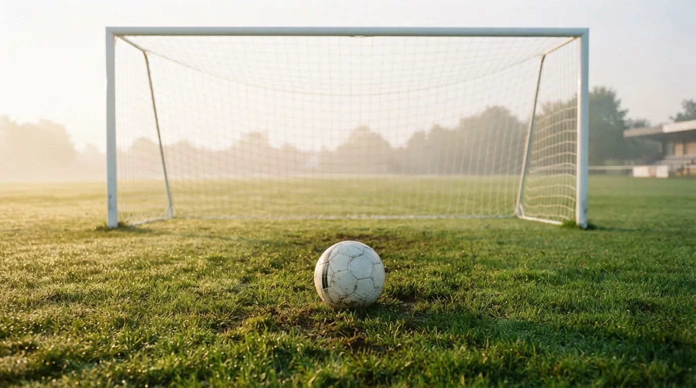 Ein Fußball auf dem Rasen vor einem leeren Tor im frühen Morgenlicht.