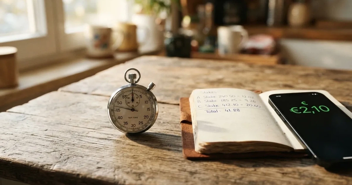 Eine Stoppuhr liegt neben Münzen und einem Notizbuch auf einem Holztisch, Tageslicht fällt von der Seite ein.