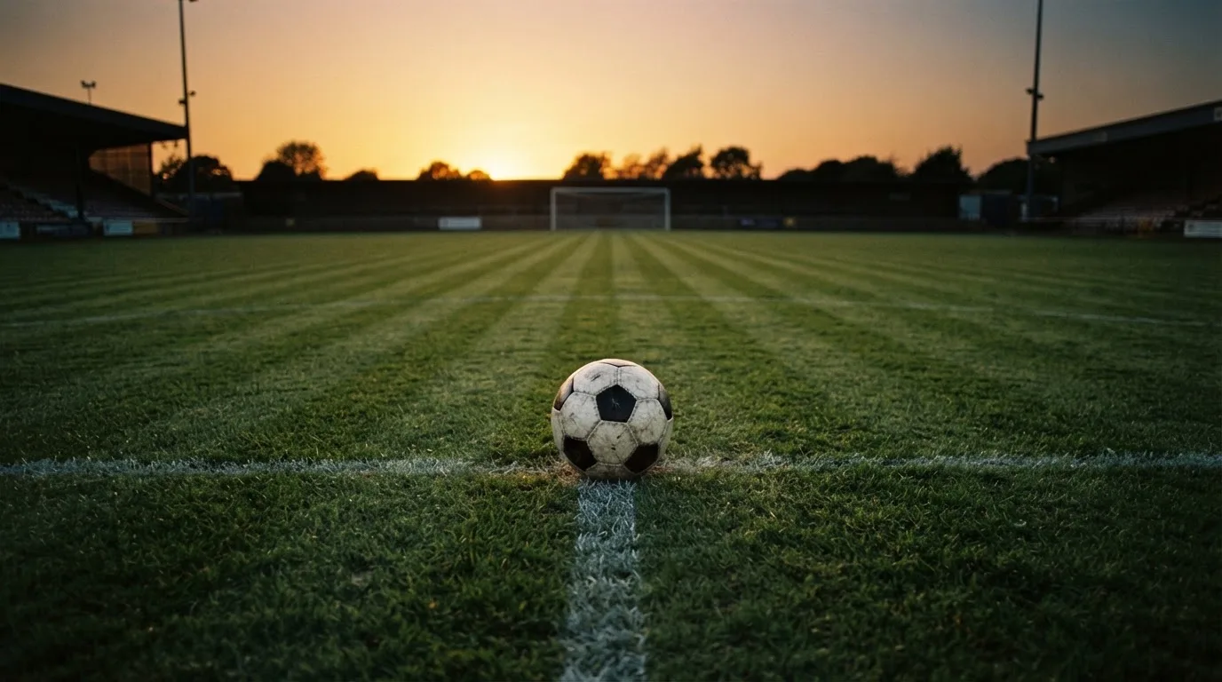 Ein Fußball liegt in der Mitte eines leeren Rasenplatzes, am Horizont färbt sich der Himmel orange.