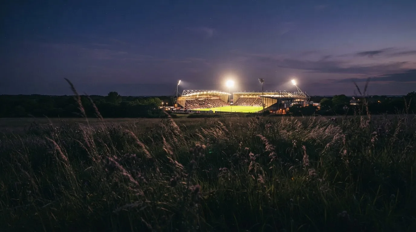 Ein hell beleuchtetes Stadion aus der Ferne in der Dämmerung, im Vordergrund ein Feld mit hohem Gras.