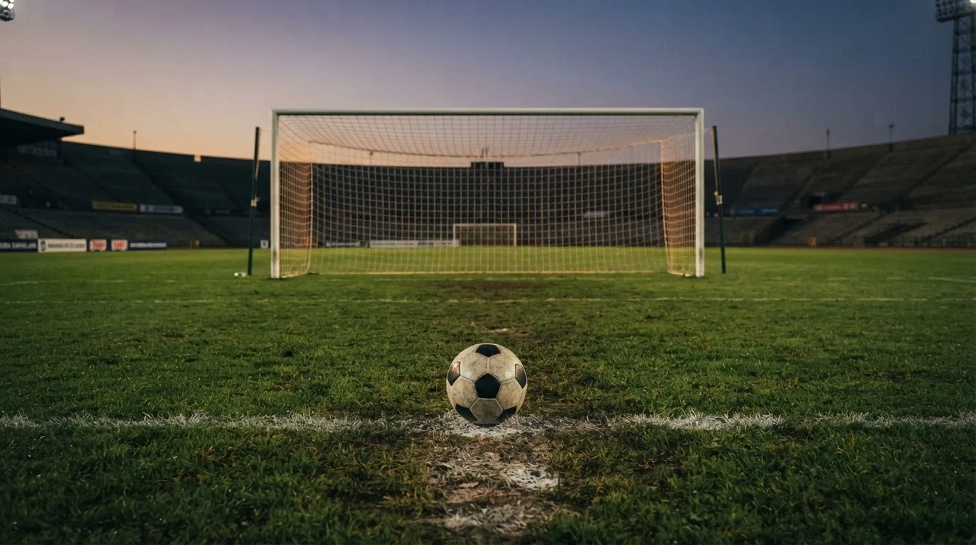 Ein Fußball liegt im Strafraum eines leeren Platzes, dahinter die Netze des Tores im Abendlicht.