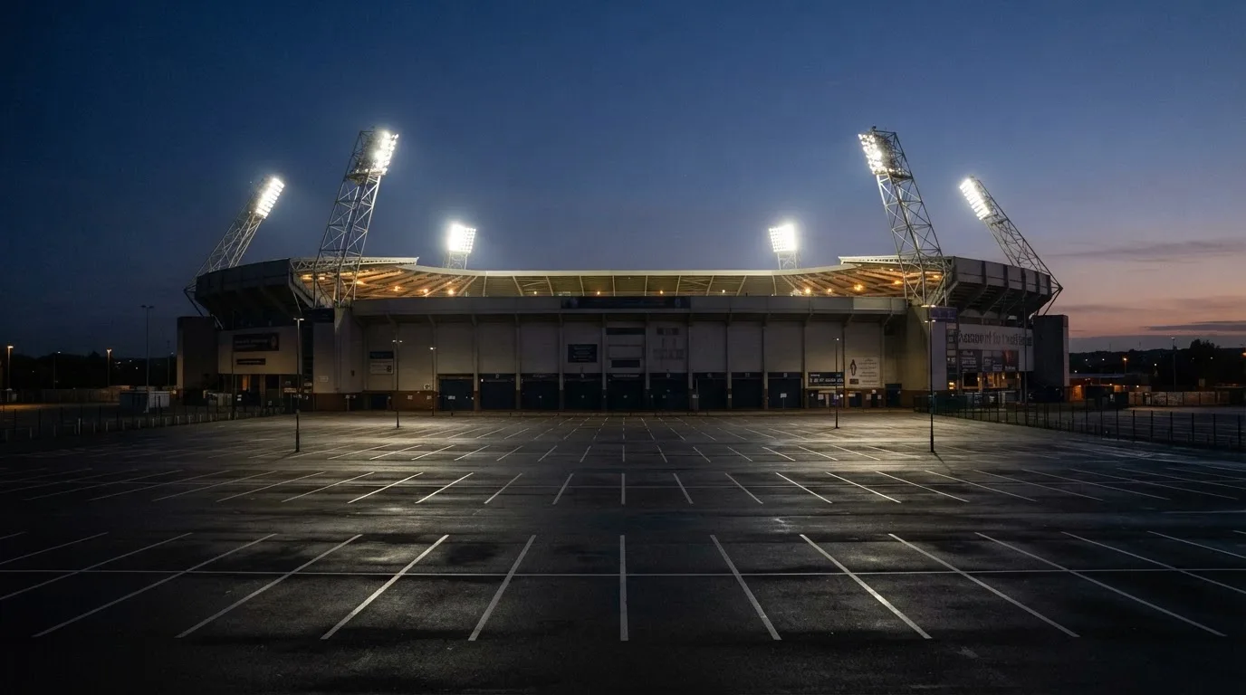 Ein Stadion unter Flutlicht aus großer Entfernung bei Einbruch der Dunkelheit, davor ein stiller Parkplatz.