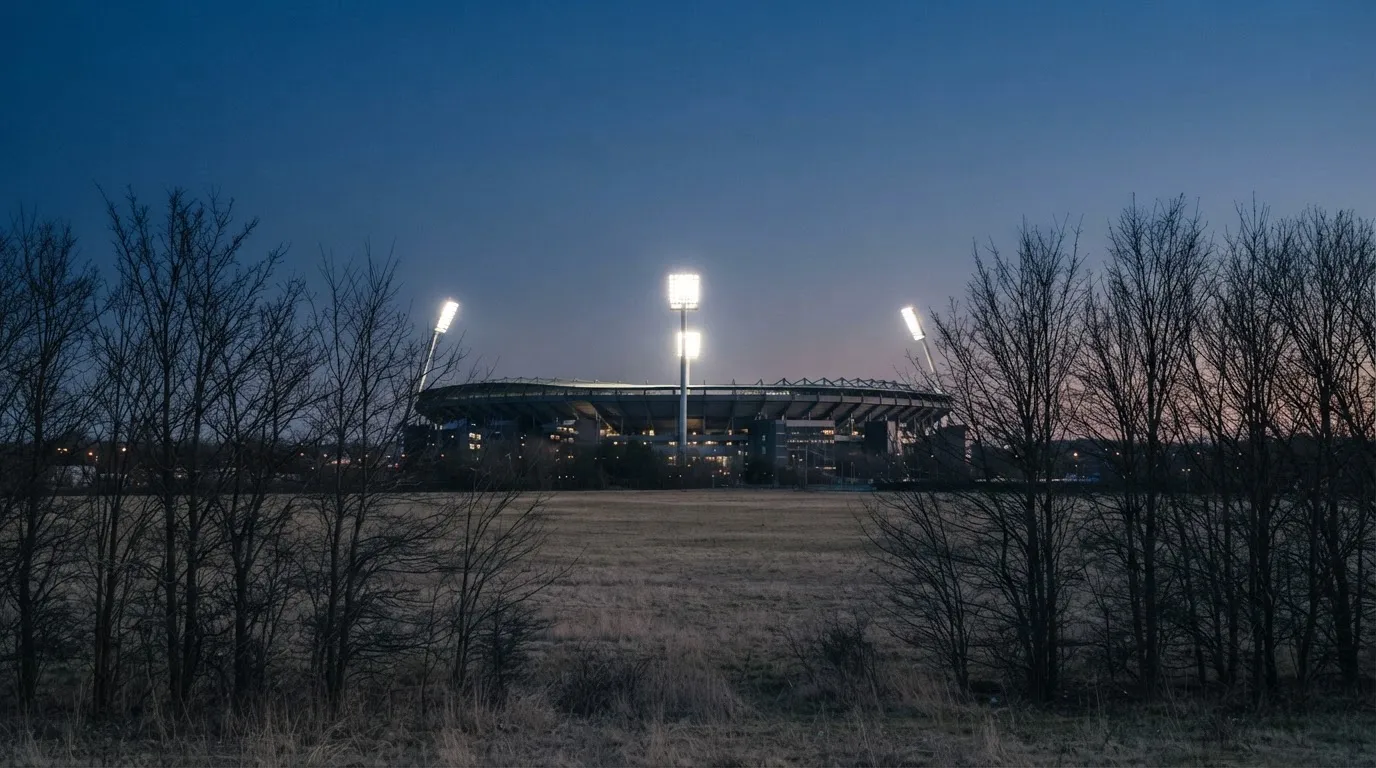 Ein Stadion unter Flutlicht, aus großer Entfernung gesehen, davor eine Reihe kahler Bäume im Dämmerlicht.