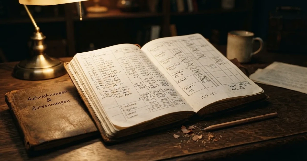 Ein Notizbuch mit handschriftlichen Zahlenreihen und Strichlisten liegt neben einem Taschenrechner auf einem Schreibtisch.
