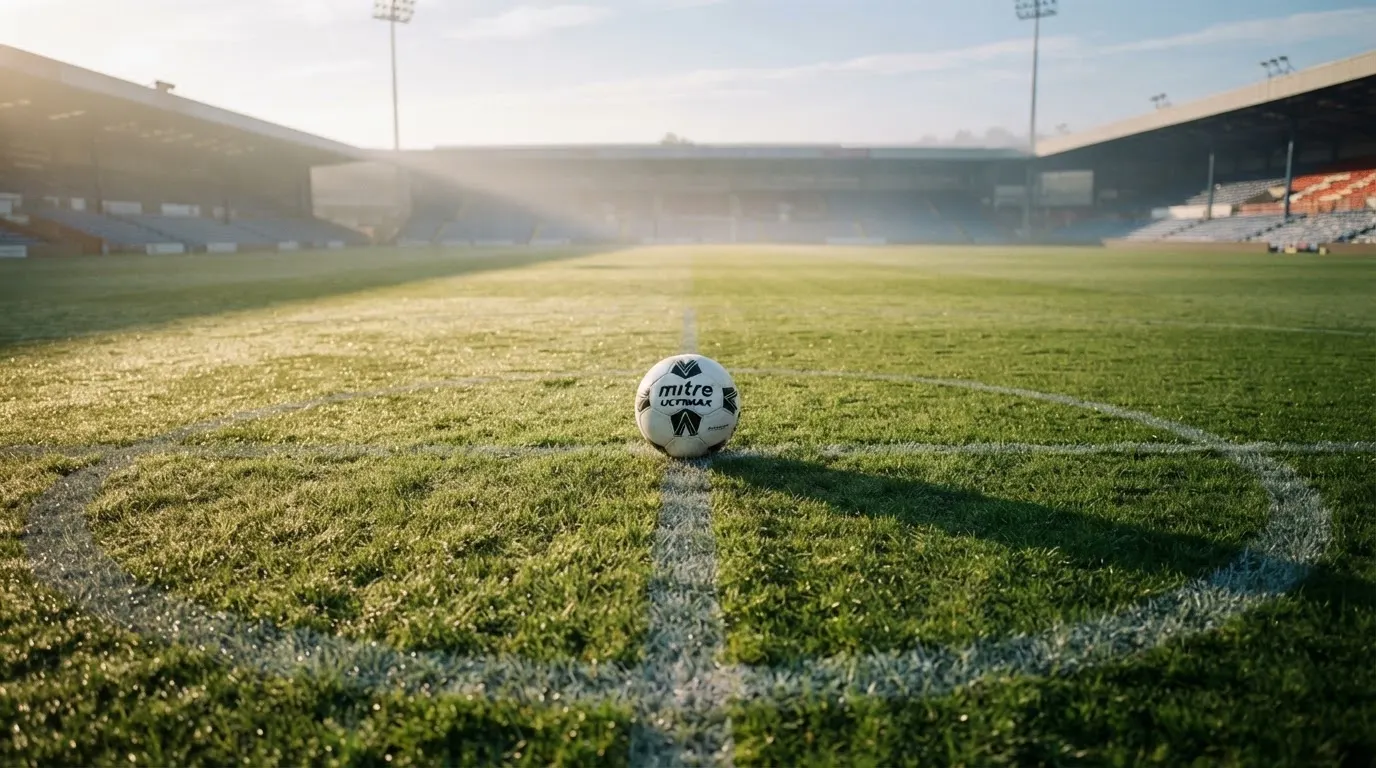 Ein Fußball auf dem Mittelkreis eines leeren Rasenplatzes im frühen Morgenlicht.