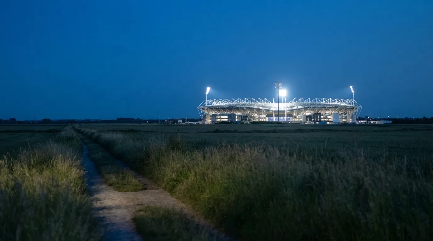 Ein beleuchtetes Stadion aus großer Distanz am Abend, im Vordergrund ein Feldweg.