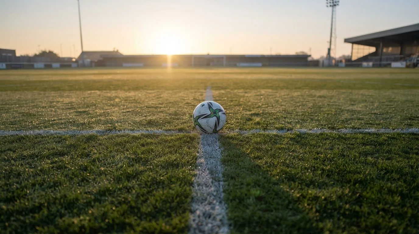 Ein Fußball liegt am Rand des Mittelkreises auf einem leeren Rasenplatz bei Sonnenaufgang.