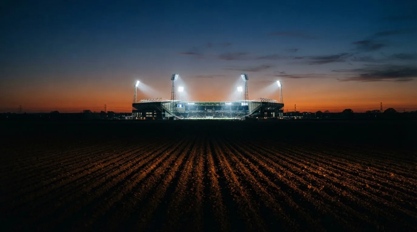 Ein Stadion unter Flutlicht aus großer Entfernung, davor ein dunkler Acker im Abendlicht.