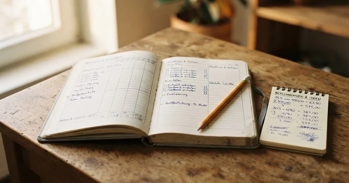 Ein Notizbuch mit handschriftlichen Kästchen und Linien liegt neben einem Bleistift und einem Taschenrechner auf einem Schreibtisch.