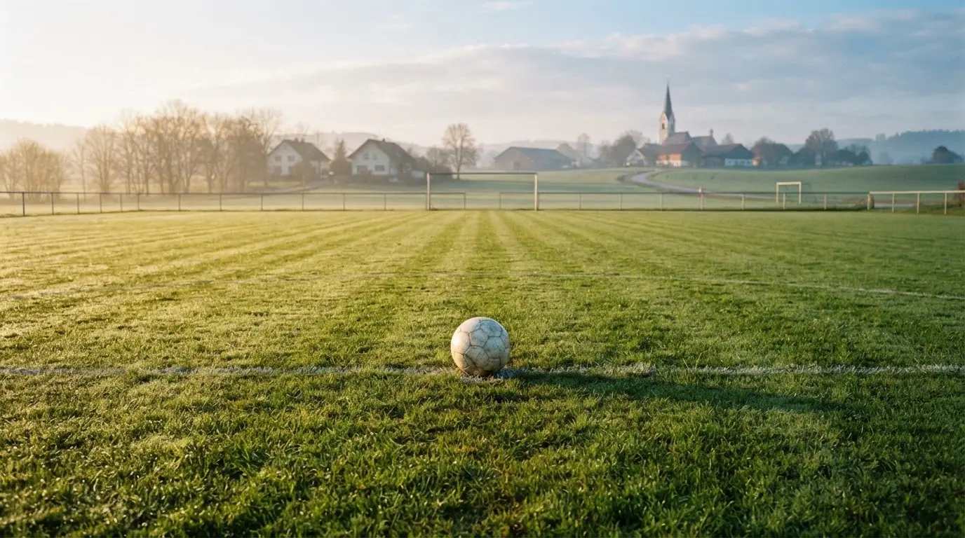 Ein Fußball auf dem Rasen eines leeren Sportplatzes am Rand einer Kleinstadt im Morgenlicht.