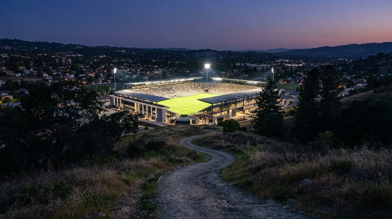 Ein Stadion unter Flutlicht, von einer Anhöhe aus gesehen, davor ein stiller Weg in der Dämmerung.