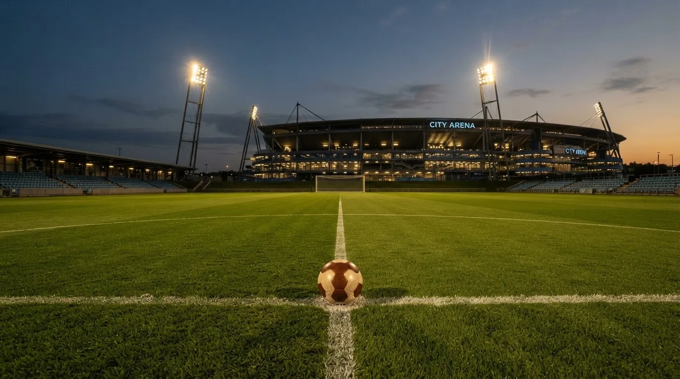 Ein Fußball liegt auf dem Anstoßpunkt eines leeren Rasenplatzes, im Hintergrund ein Stadion unter Flutlicht in der Abenddämmerung.