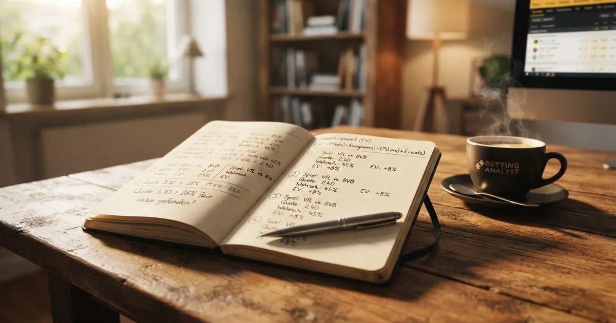 Ein Notizbuch mit handschriftlichen Rechnungen und ein Taschenrechner liegen auf einem Schreibtisch neben einer Tasse Kaffee im Licht des frühen Morgens.