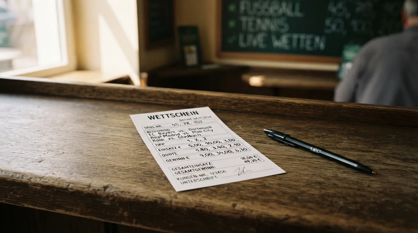 Ein leerer Wettschein aus Papier liegt neben einem Stift auf einer hölzernen Theke, weiches Licht fällt von der Seite ein.