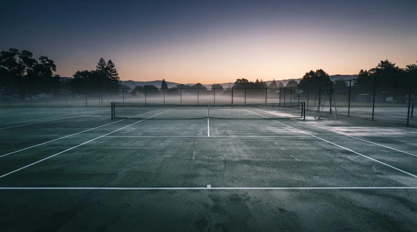Ein Tennisplatz im Morgengrauen, das Netz und die Linien liegen im Tau, im Hintergrund leichter Nebel und kein Mensch zu sehen.