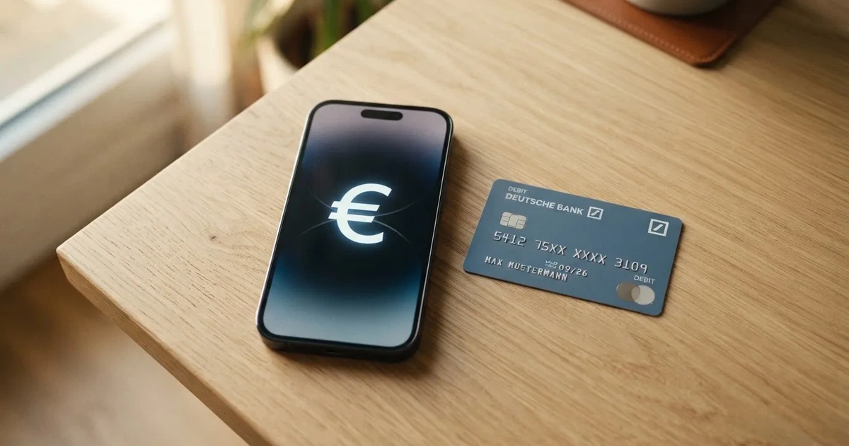 Ein Smartphone mit dunklem Display liegt neben einer schlichten Plastikkarte ohne Aufdruck auf einem hellen Schreibtisch.