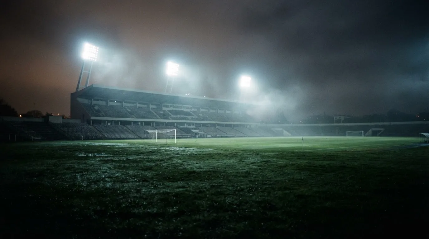 Ein Stadion unter Flutlicht, aus großer Entfernung über eine dunkle Wiese fotografiert, am Himmel zieht Nebel auf.
