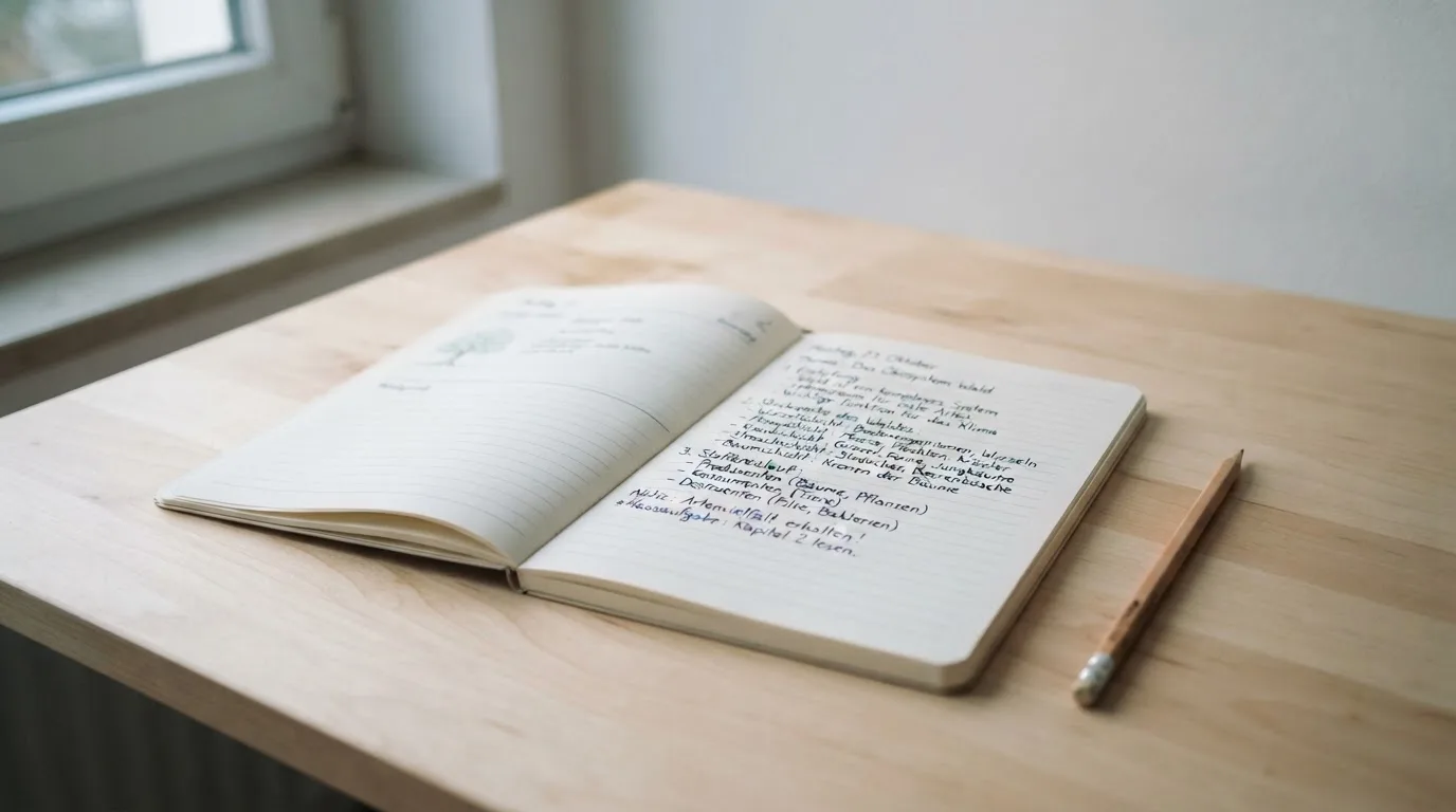 Ein Notizbuch mit handschriftlichen Notizen und ein Bleistift liegen auf einem Schreibtisch am Fenster, draußen fällt Morgenlicht herein.