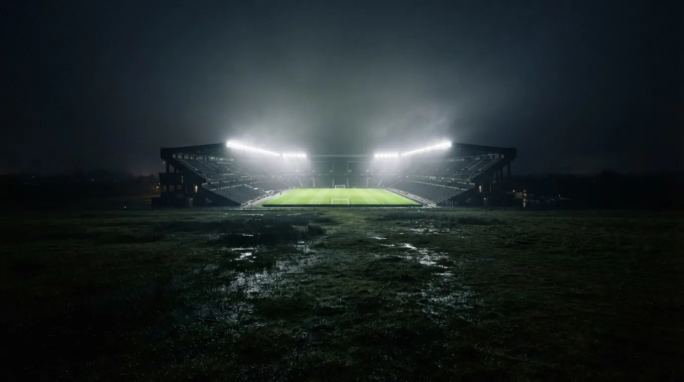 Ein Stadion unter Flutlicht, aus großer Entfernung über eine dunkle Wiese fotografiert, am Himmel zieht Nebel auf.