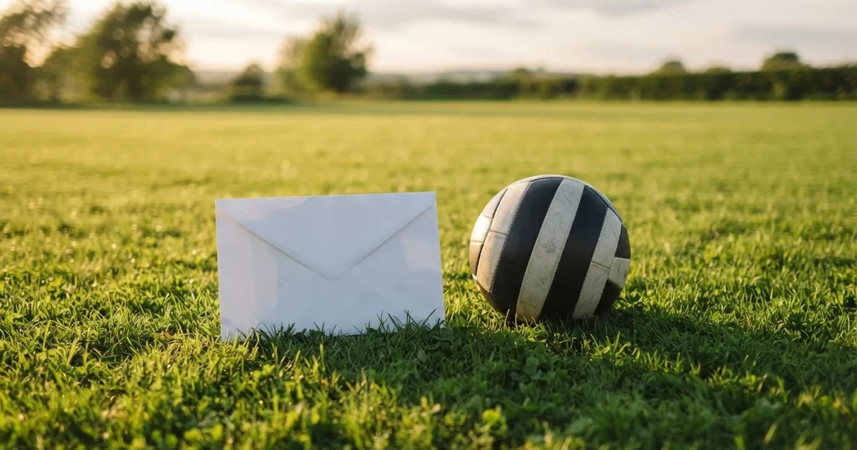 Ein verschlossener leerer Briefumschlag liegt neben einem Fußball auf grünem Rasen im warmen Licht des Nachmittags.