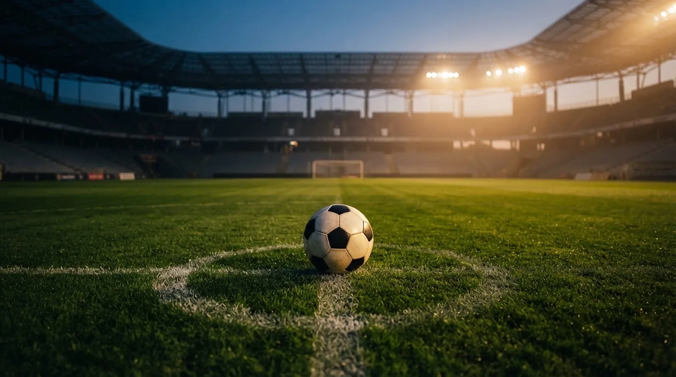 Ein Fußball liegt auf dem Anstoßpunkt eines leeren Rasenplatzes, im Hintergrund steht ein Stadion unter Flutlicht in der Dämmerung.