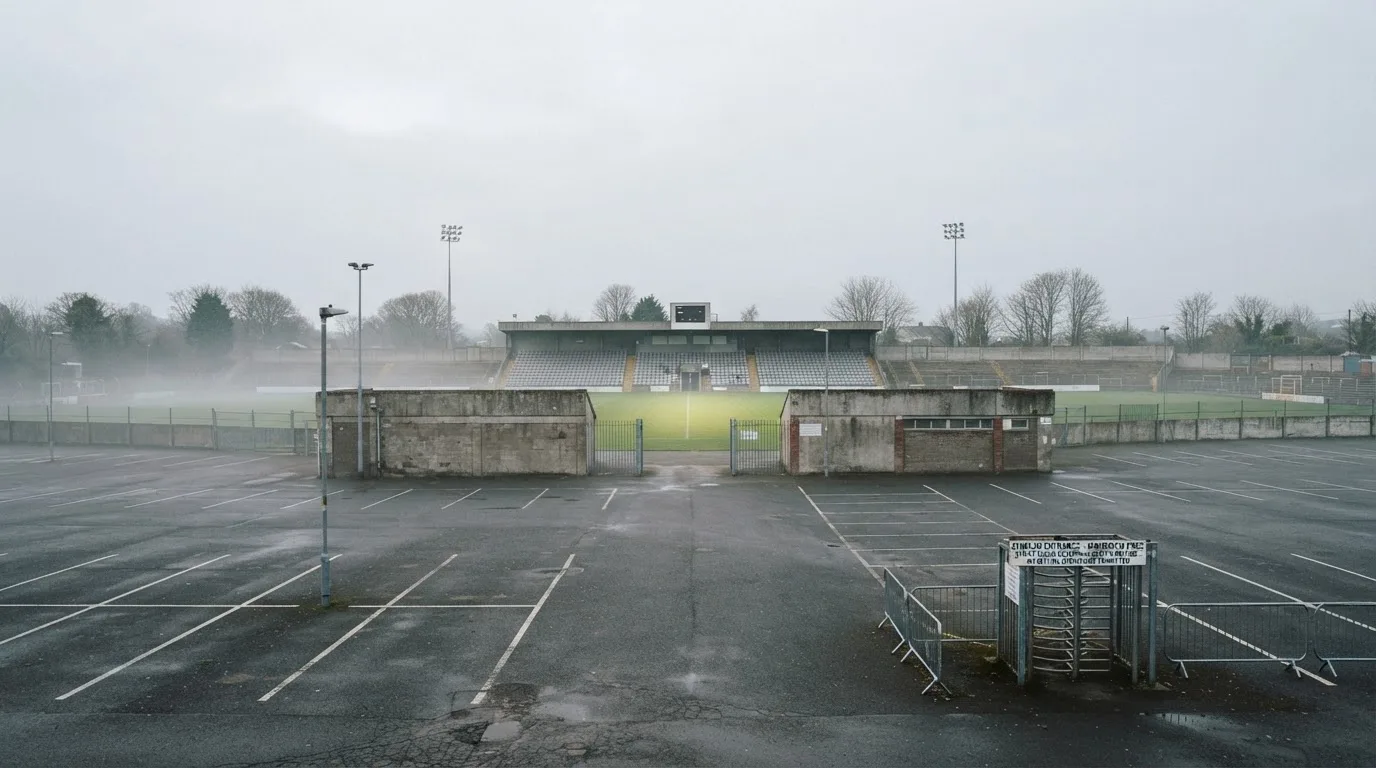 Eine leere Tribüne eines kleinen Stadions am frühen Morgen, aus der Ferne über einen menschenleeren Parkplatz fotografiert.