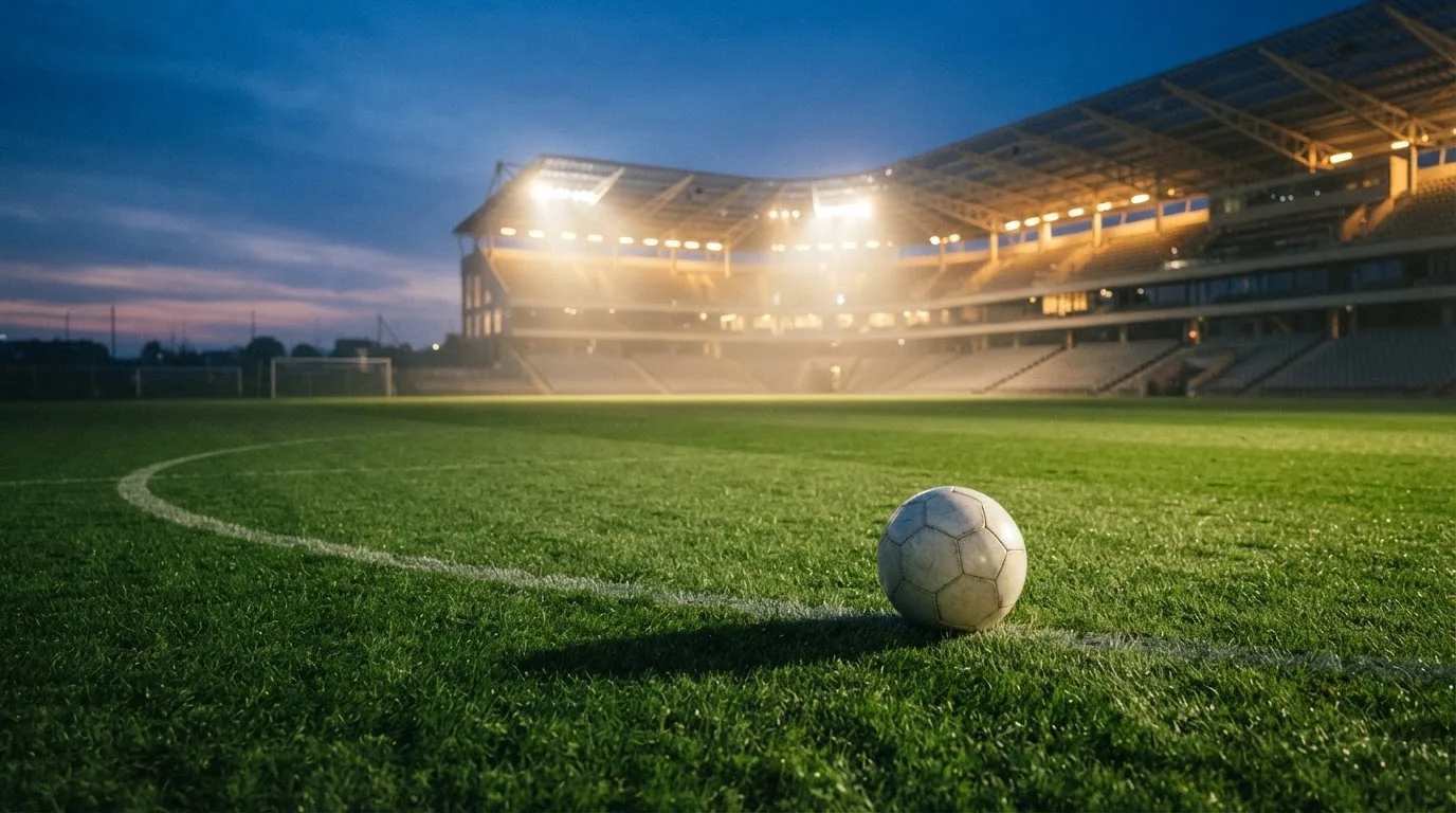 Ein Fußball liegt auf dem Rasen eines leeren Platzes, im Hintergrund ein Stadion unter Flutlicht in der Abenddämmerung.