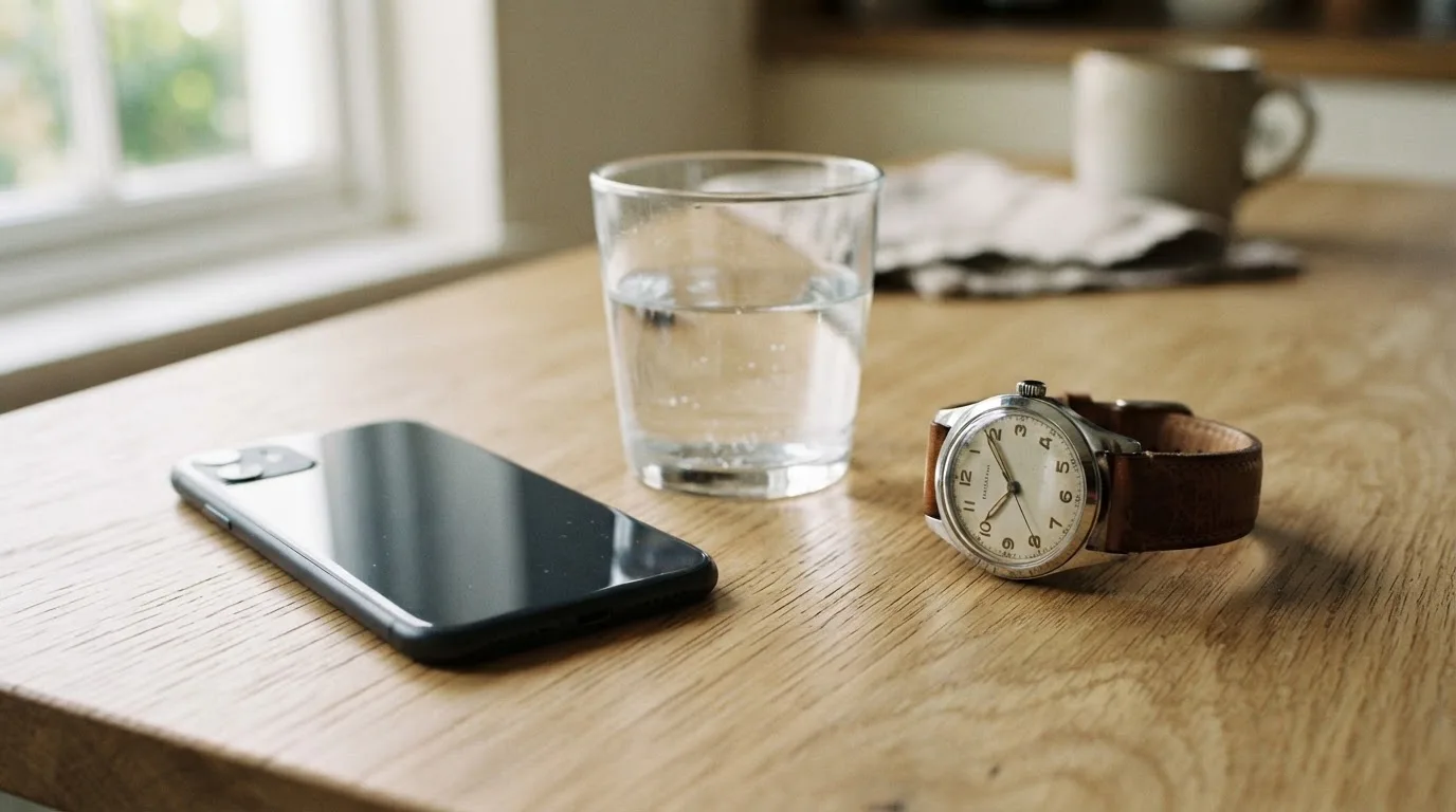 Ein Smartphone liegt mit dem Display nach unten auf einem Küchentisch, daneben stehen ein Glas Wasser und eine Armbanduhr.