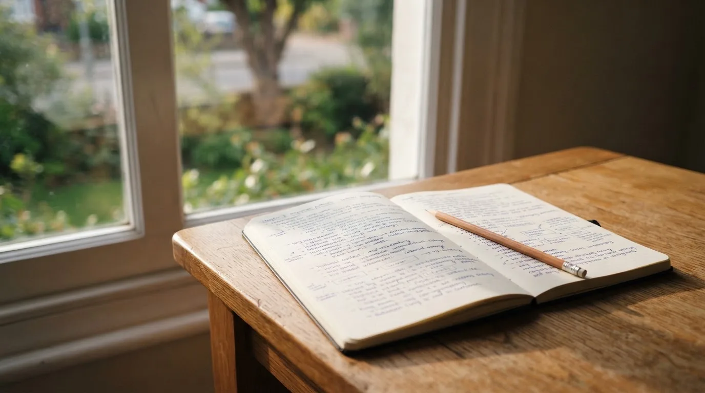 Ein Notizbuch mit handschriftlichen Notizen und ein Bleistift liegen auf einem Schreibtisch am Fenster, draußen fällt Morgenlicht herein.