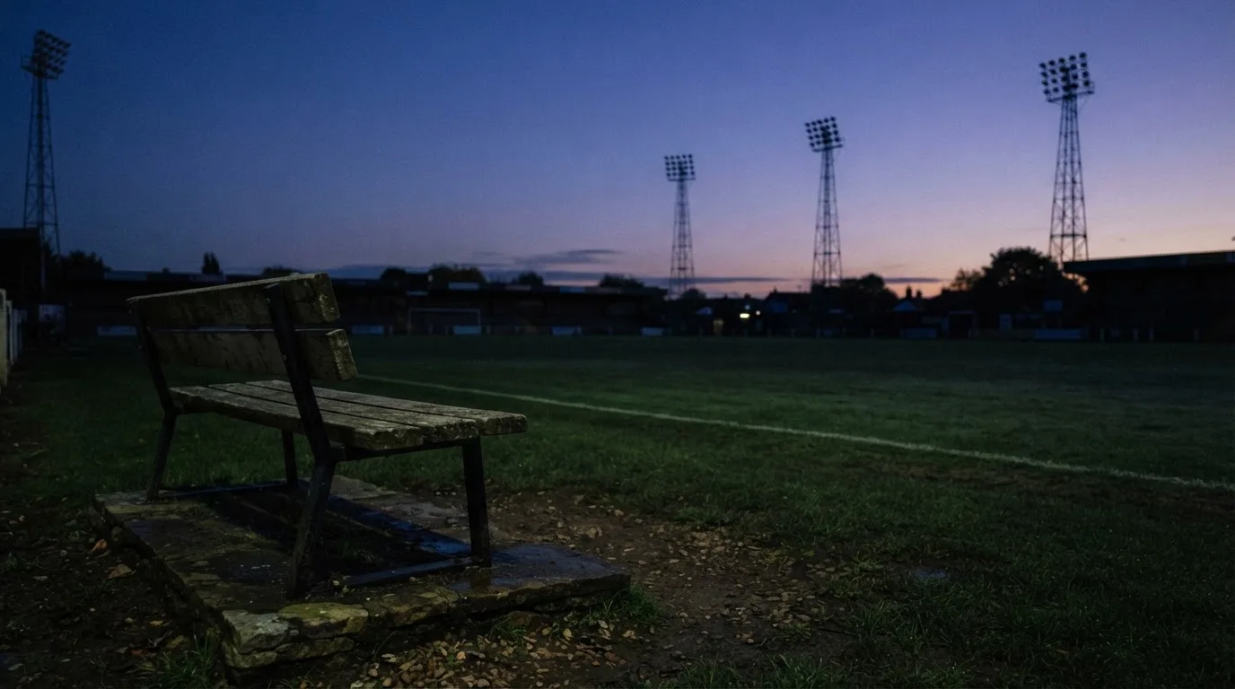 Eine leere Parkbank am Rand eines Fußballfelds in der Abenddämmerung, im Hintergrund ragen dunkle Flutlichtmasten in den Himmel.