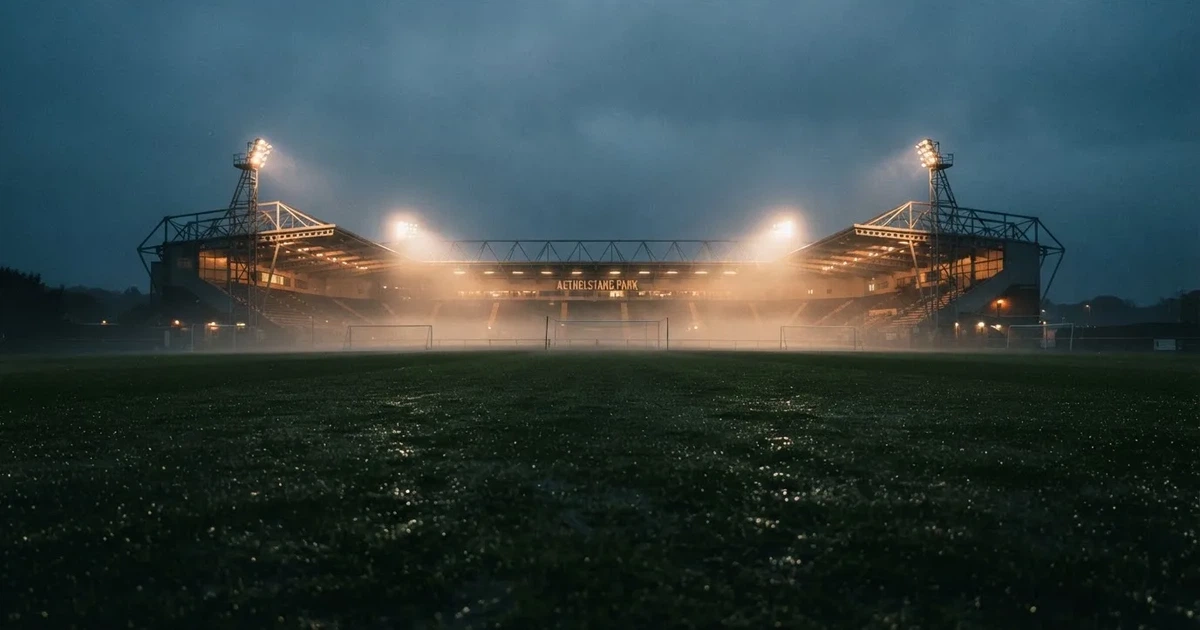 Ein Stadion unter Flutlicht, aus großer Entfernung über eine dunkle Wiese fotografiert, am Himmel zieht Nebel auf.