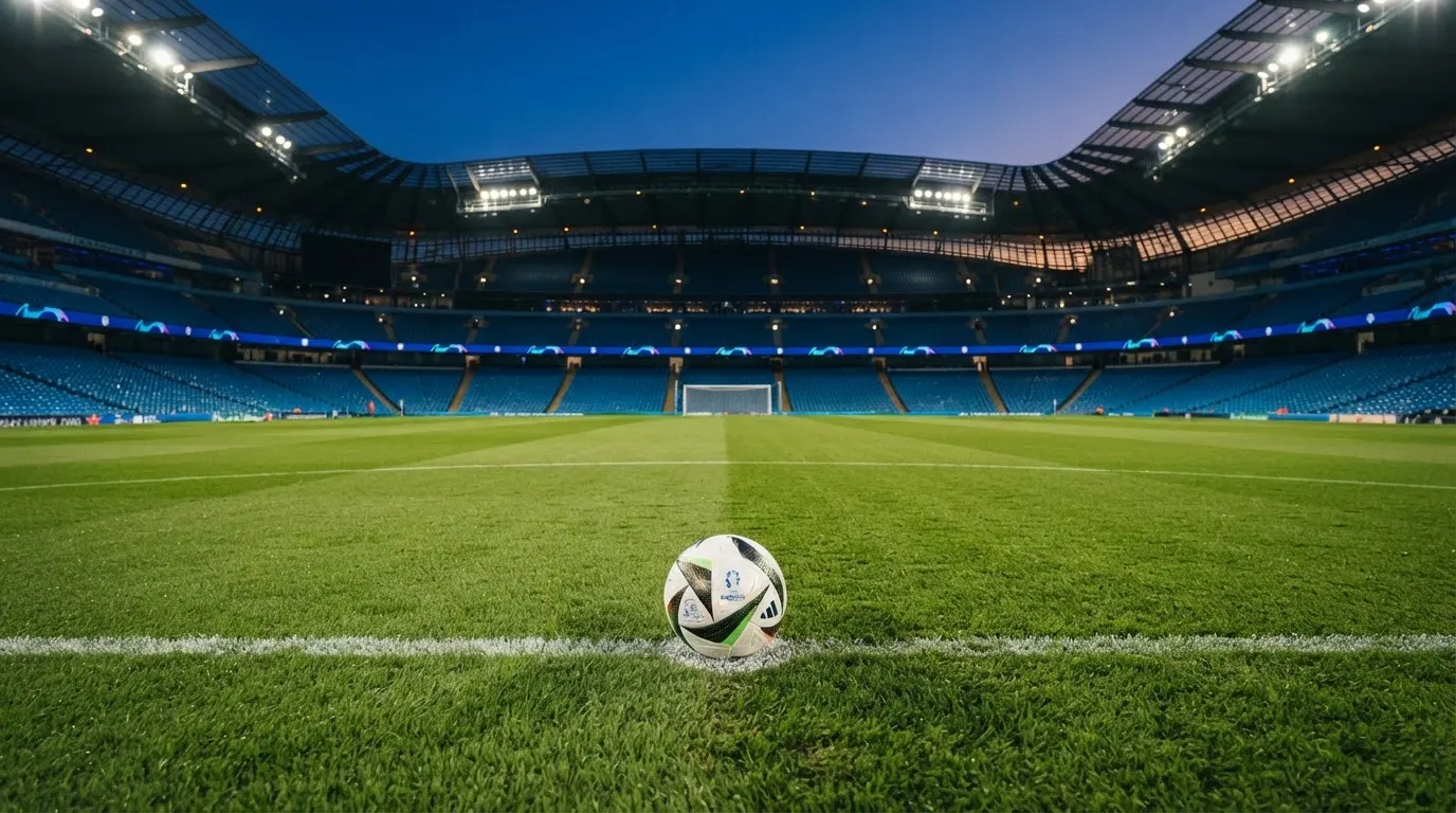 Ein Fußball liegt auf dem Anstoßpunkt eines leeren Rasenplatzes, im Hintergrund steht ein Stadion unter Flutlicht in der Dämmerung.