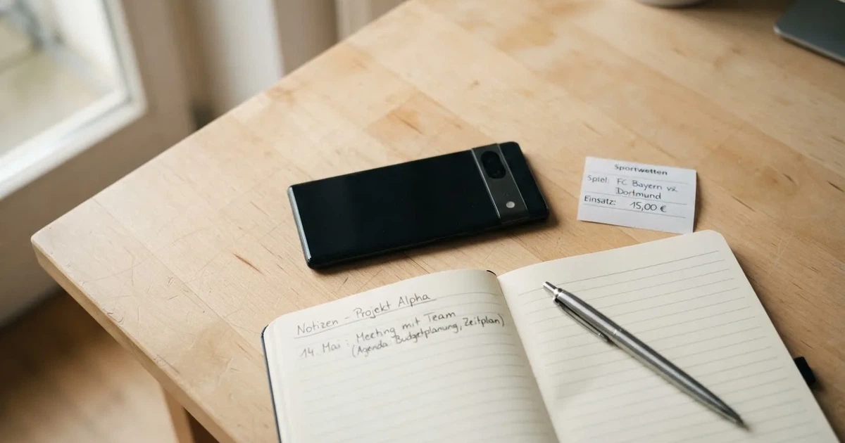 Ein Smartphone liegt neben einem Notizbuch und einem Kugelschreiber auf einem hellen Schreibtisch, das Display ist ausgeschaltet.
