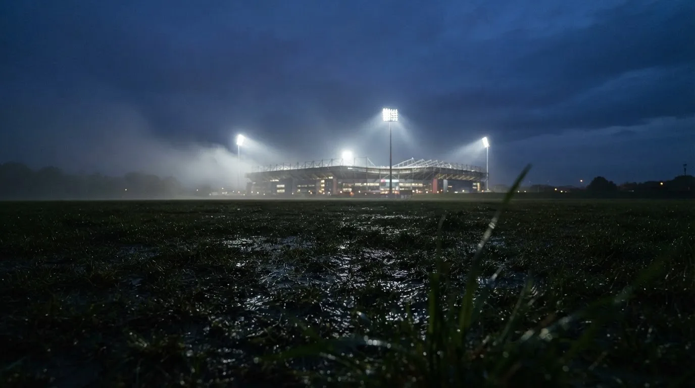 Ein Stadion unter Flutlicht, aus großer Entfernung über eine dunkle Wiese fotografiert, am Himmel zieht Nebel auf.
