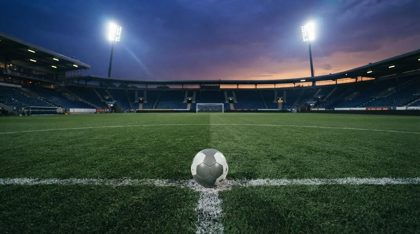 Ein Fußball liegt auf dem Rasen eines leeren Platzes, im Hintergrund ein Stadion unter Flutlicht in der Abenddämmerung.
