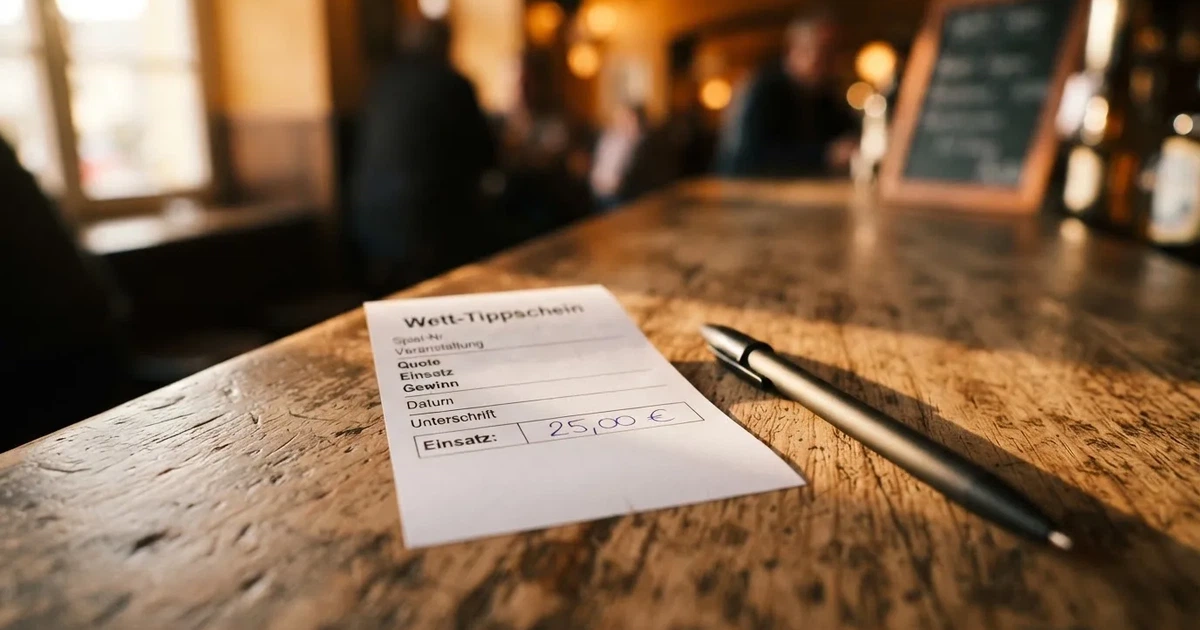 Ein leerer Wettschein aus Papier liegt neben einem Stift auf einer hölzernen Theke, weiches Licht fällt von der Seite ein.