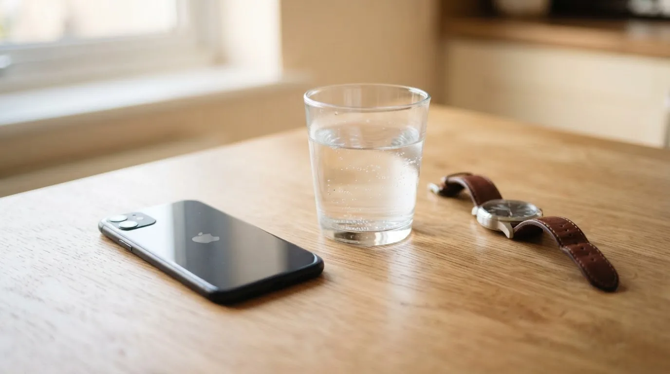 Ein Smartphone liegt mit dem Display nach unten auf einem Küchentisch, daneben stehen ein Glas Wasser und eine Armbanduhr.