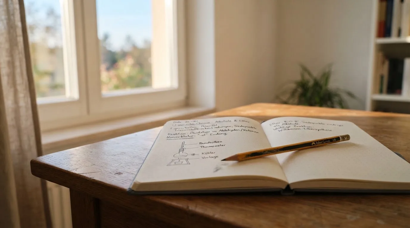 Ein Notizbuch mit handschriftlichen Notizen und ein Bleistift liegen auf einem Schreibtisch am Fenster, draußen fällt Morgenlicht herein.