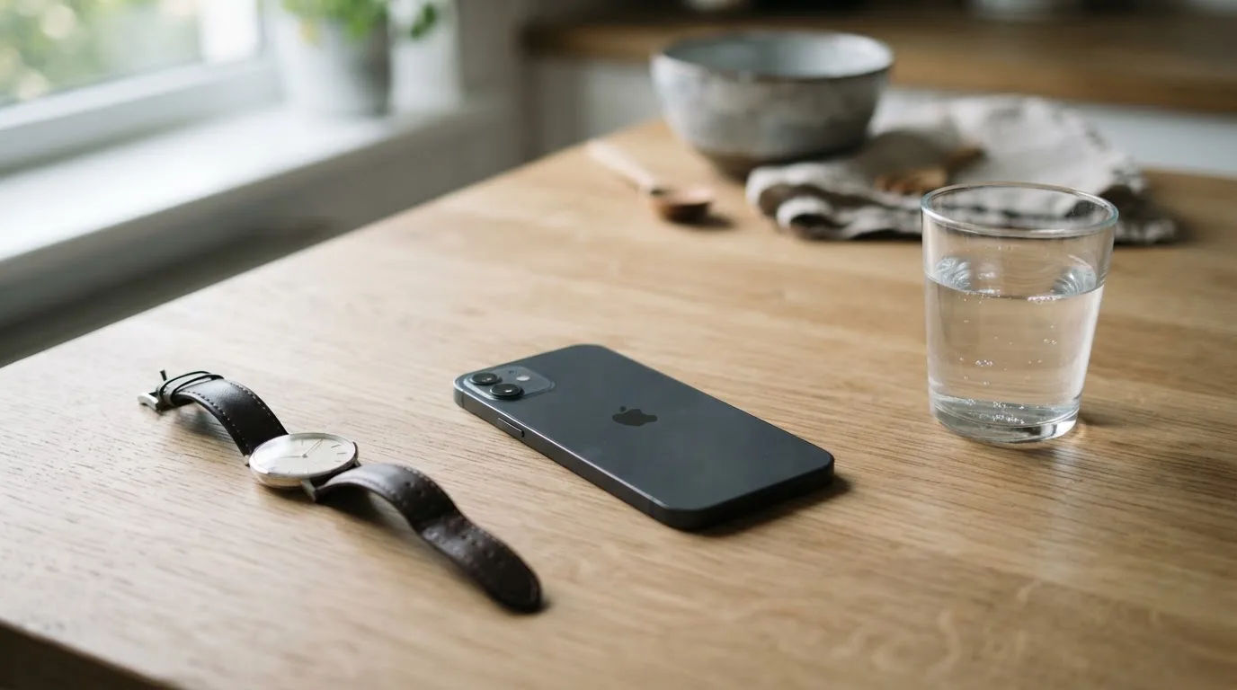 Ein Smartphone liegt mit dem Display nach unten auf einem Küchentisch, daneben stehen ein Glas Wasser und eine Armbanduhr.