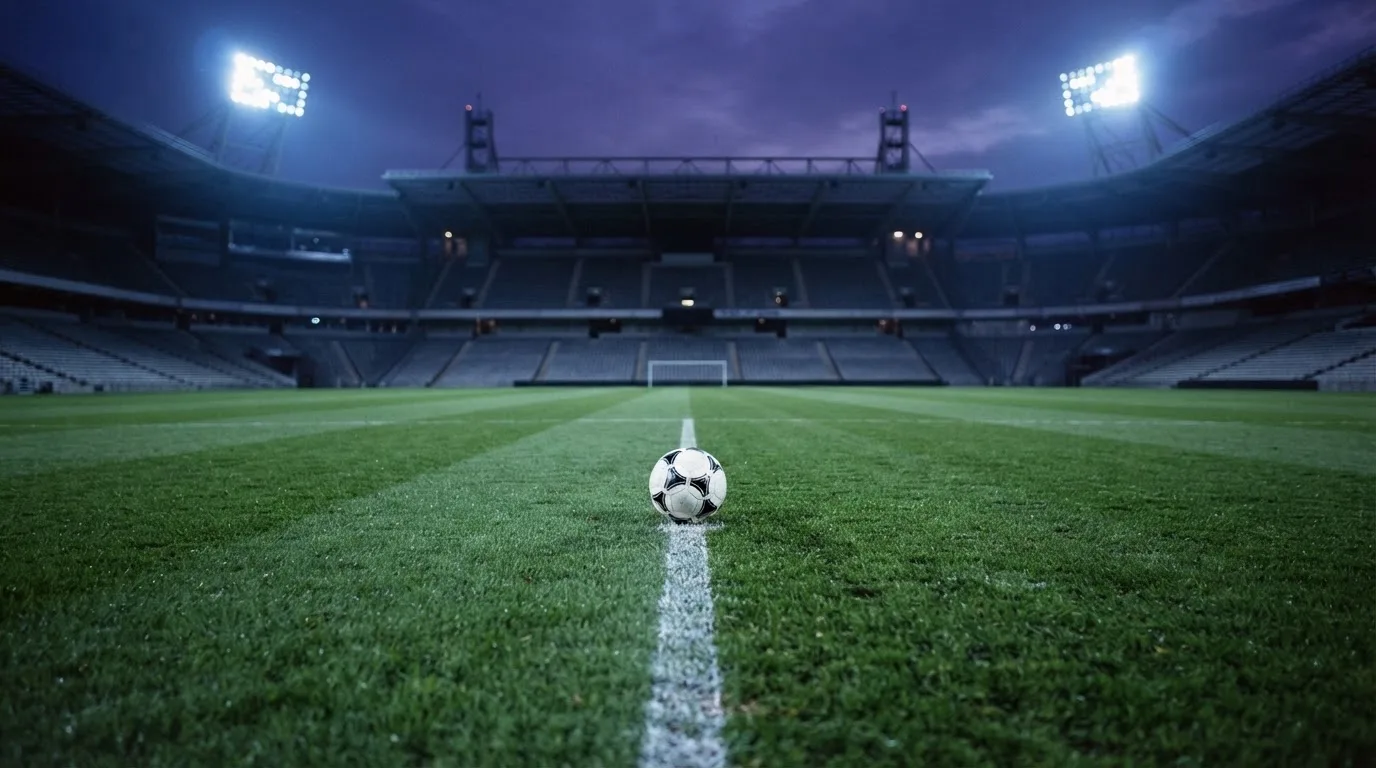 Ein Fußball liegt auf dem Anstoßpunkt eines leeren Rasenplatzes, im Hintergrund steht ein Stadion unter Flutlicht in der Dämmerung.