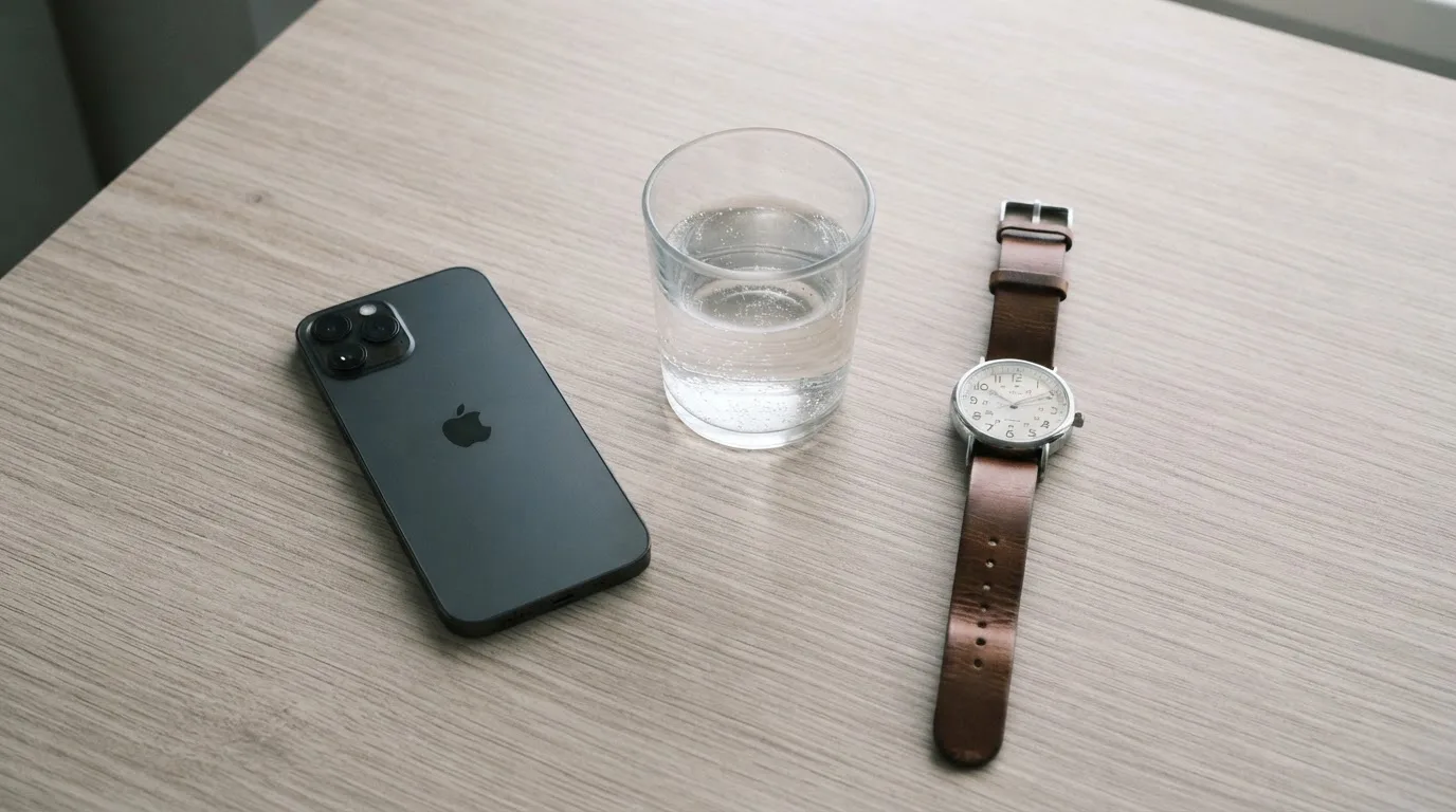 Ein Smartphone liegt mit dem Display nach unten auf einem Küchentisch, daneben stehen ein Glas Wasser und eine Armbanduhr.