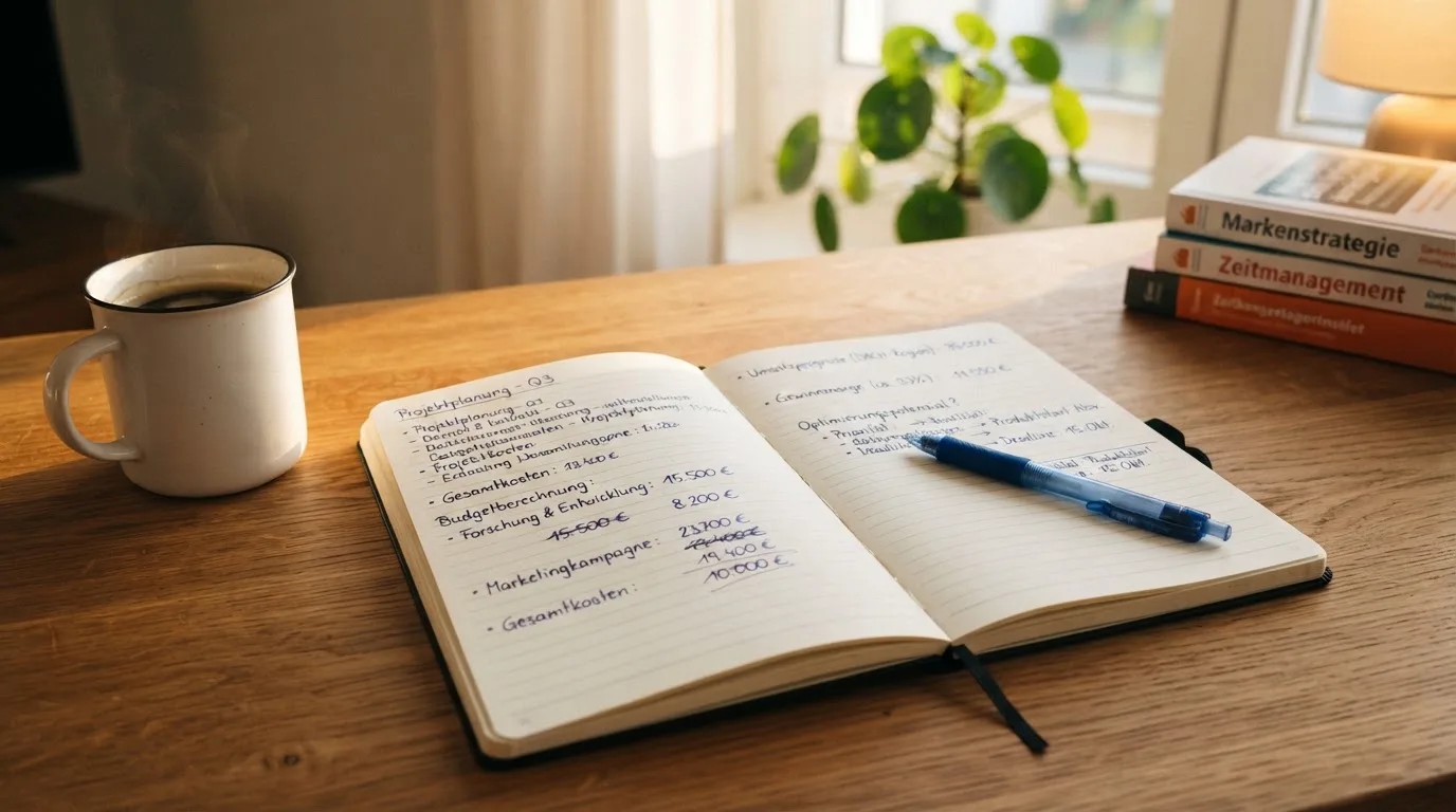 Ein Notizbuch mit handschriftlichen Rechnungen und ein Taschenrechner liegen auf einem Schreibtisch neben einer Tasse Kaffee im Licht des frühen Morgens.