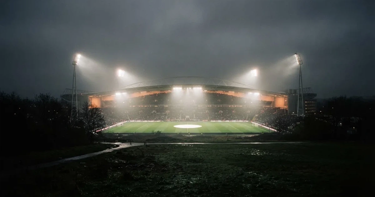 Ein Stadion unter Flutlicht, aus großer Entfernung über eine dunkle Wiese fotografiert, am Himmel zieht Nebel auf.
