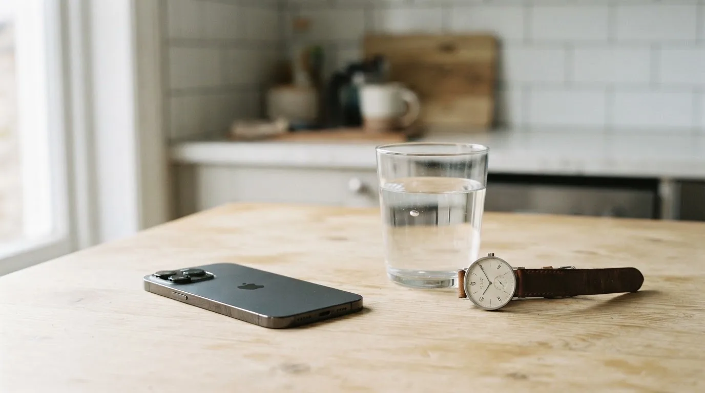 Ein Smartphone liegt mit dem Display nach unten auf einem Küchentisch, daneben stehen ein Glas Wasser und eine Armbanduhr.