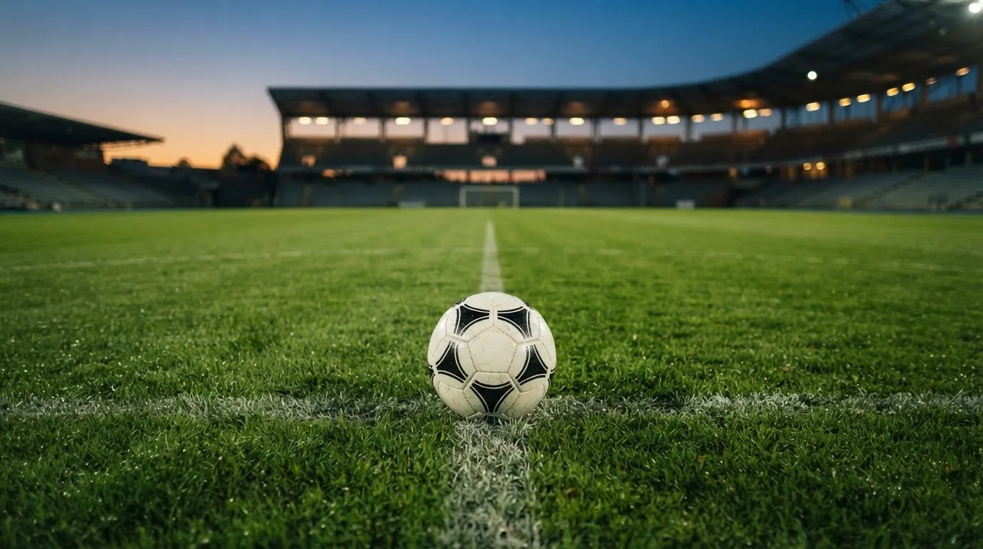 Ein Fußball liegt auf dem Rasen eines leeren Platzes, im Hintergrund ein Stadion unter Flutlicht in der Abenddämmerung.