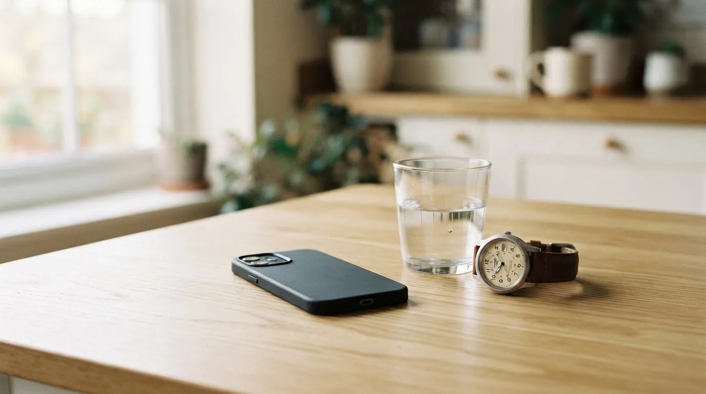 Ein Smartphone liegt mit dem Display nach unten auf einem Küchentisch, daneben stehen ein Glas Wasser und eine Armbanduhr.