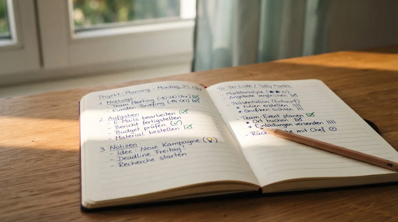 Ein Notizbuch mit handschriftlichen Notizen und ein Bleistift liegen auf einem Schreibtisch am Fenster, draußen fällt Morgenlicht herein.