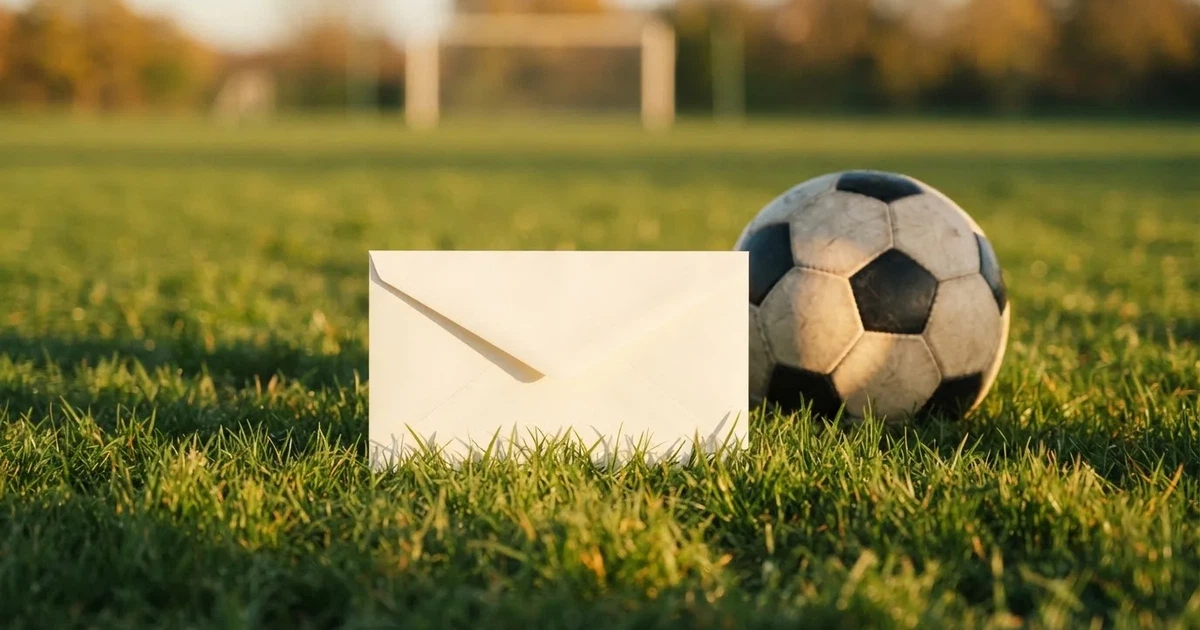 Ein verschlossener leerer Briefumschlag liegt neben einem Fußball auf grünem Rasen im warmen Licht des Nachmittags.